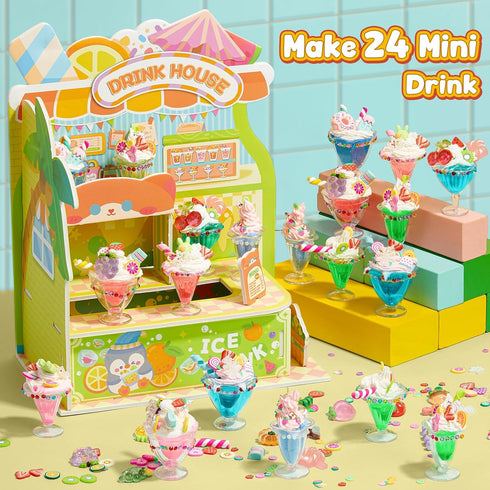 Cleboen Set, 24 8+, Mini Drink House DIY Toy Making Miniature Food Drinks, Resin & Clay Kitchen Play Food DIY Craft Kit