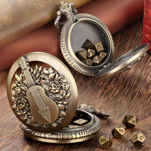 Mini DND Dice Set Steampunk Hollow Bard Pocket Watch Shell Case, 7pcs Tiny Polyhedral Metal Dice