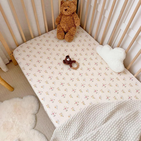 2 Pack, 100% Set 52"x28", BuLuTu Muslin Floral Print Crib Sheets Soft Breathable Cotton Neutral Fitted Sheets