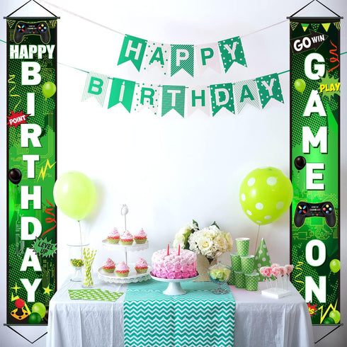 Blulu Game On Birthday Banner, Video Game Party Decorations, Happy Backdrop for Gamer Party Background