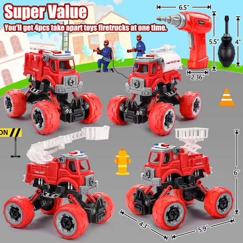 LUDILO 4PCS Fire Truck Toys for 3-5 Year Old Boys, DIY Assembly Take Apart Firetruck with Electric Drill, STEM Building