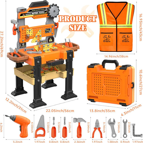 Set Set 3-5 Kids Tool Bench with Electric Drill & Vest, Kids Tool Toddler Workbench Transformable Kid Tools Box
