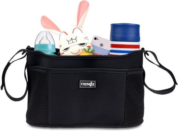 CM Stroller Organizer Diaper Bag, Black Pack with Drink Holders and Zipped Pockets for Baby Stroller