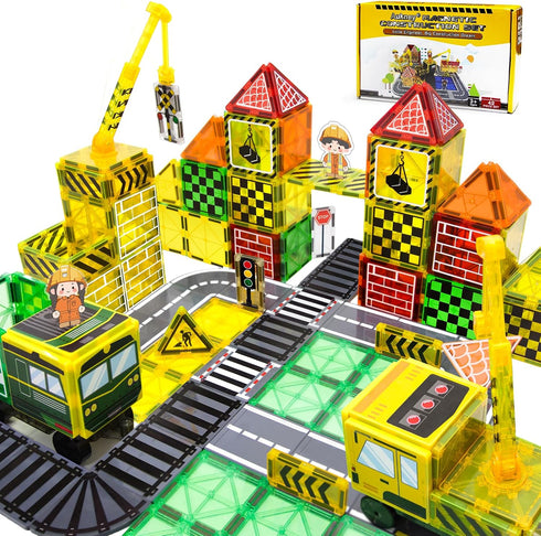 Aukney Magnetic Tiles Magnetic Construction Set with 2 Dolls, Cars, Train, Train Tracks,