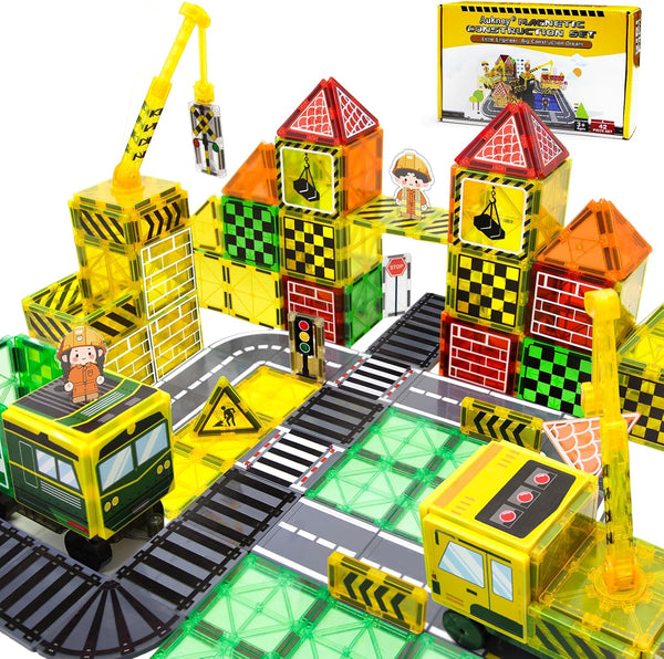 Aukney Magnetic Tiles Magnetic Construction Set with 2 Dolls, Cars, Train, Train Tracks,