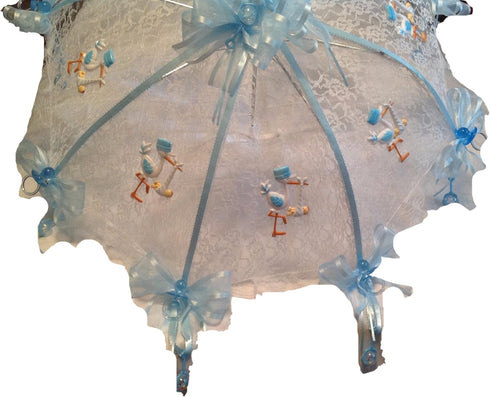 Party Favors Plus 36" White Lace Baby Shower Umbrella Blue Storks, Pacifiers & Rattles