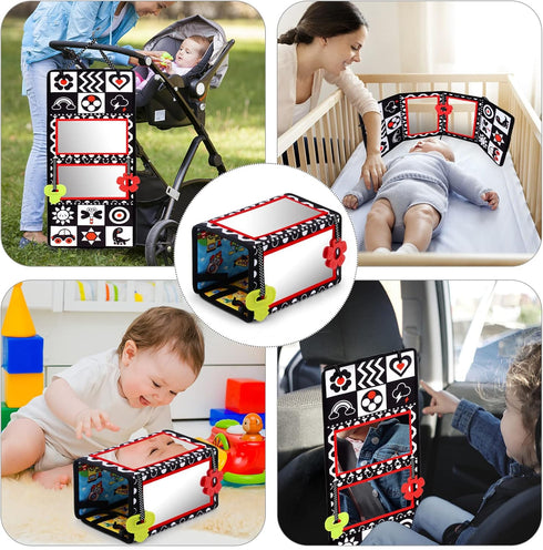 Tummy Time Floor Mirror with Teethers, Double-Sided High Contrast Baby Toys for Crawling Developmental Newborns