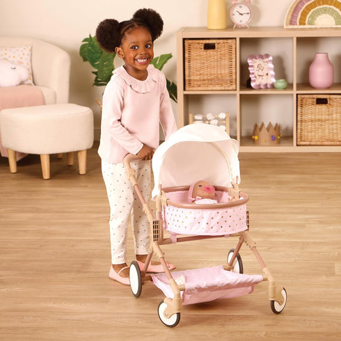 14-Inch 2+ LullaBaby Accessories Pink Toy Stroller with Gold Stars for Twins Foldable Canopy, Swivel Wheels & Storage