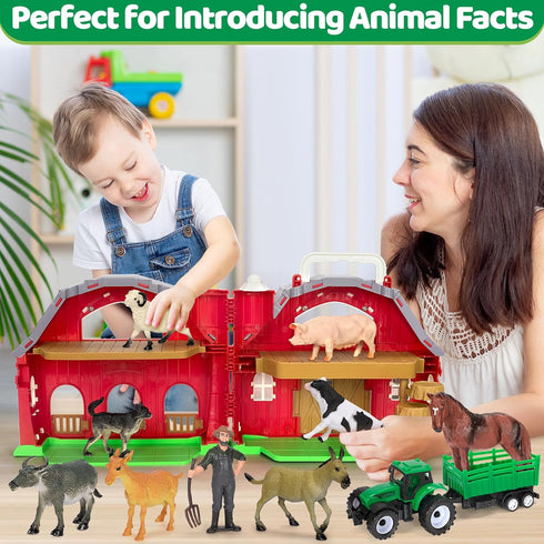 1 2 3 4 5 Playset Farm Animals Toys for Year old Toddlers Girls Boys, Big Red Barn Farm with Figures Animals