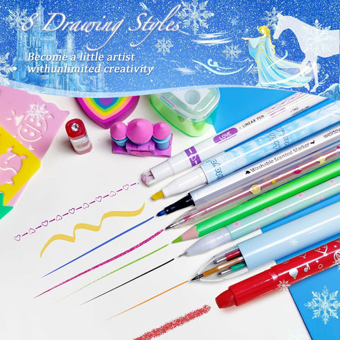 Washable Fruit Scented Markers Set, 53 PCS with Frozen Princess Castle Pencil Case, STEM Toys for Girls