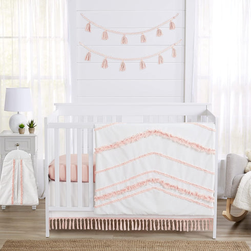 Sweet Jojo Designs Boho Bohemian Girl Baby Crib Bed Skirt Nursery Dust Ruffle - Blush Pink and White Farmhouse Shabby