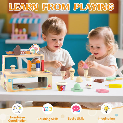 Set 52-Piece Counter Playset 3 4 5 6 Foldable Wooden Ice Cream Toy Pretend Play Food Store for Toddlers, Kids Ice Cream