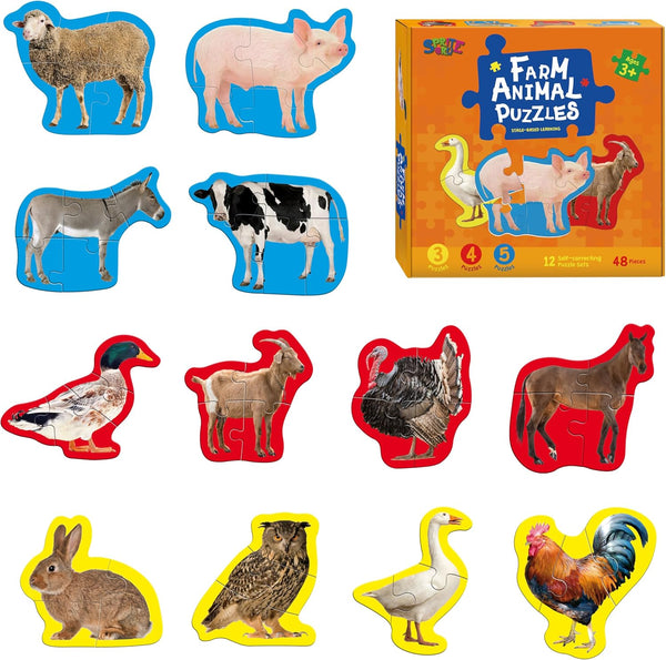 12 Pack Realistic Animal Puzzles - 48 Pieces Step-by-Step Animal Jigsaws for Preschool Toddlers 3+
