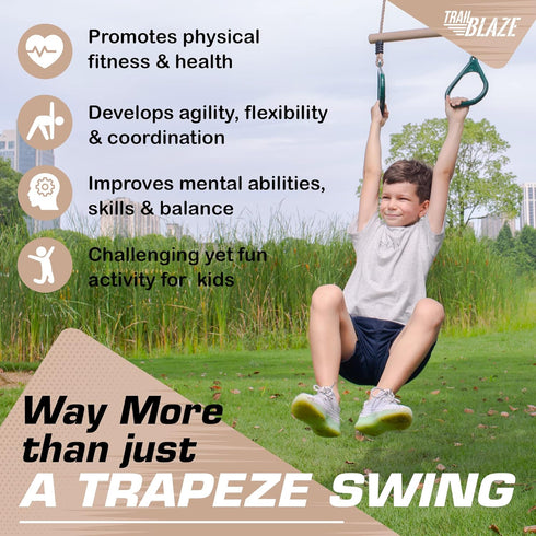 Wooden Trapeze Swing Bar for Kids, 18" Adjustable Height Monkey Bars Rings, Ninja Warrior Obstacle Course Accessories