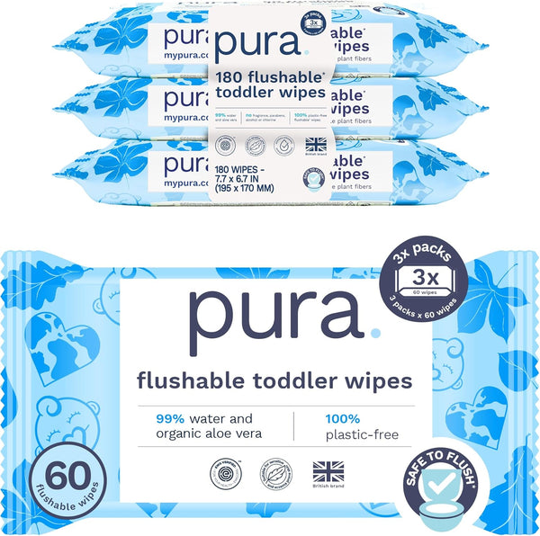 Pura Flushable Toddler Wipes 3 x 60 Wipes (180 Wipes), 100% Plastic