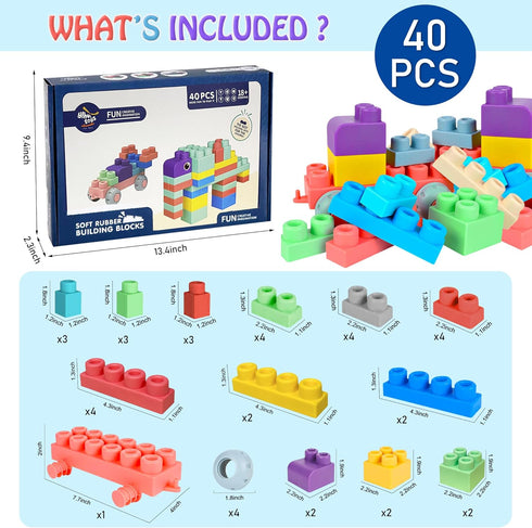 Soft Building Blocks for Toddlers - Baby Stacking Blocks for 1-3 Year Olds, Compatible with Mega Building Blocks, 40 PCS