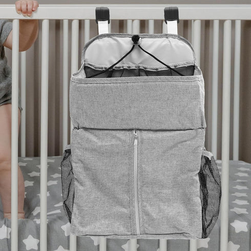 Kisangel Crib Hanging Bag and Diaper Storage Organizer for Newborns, Grey Multifunctional Cradle Pouch with Multiple