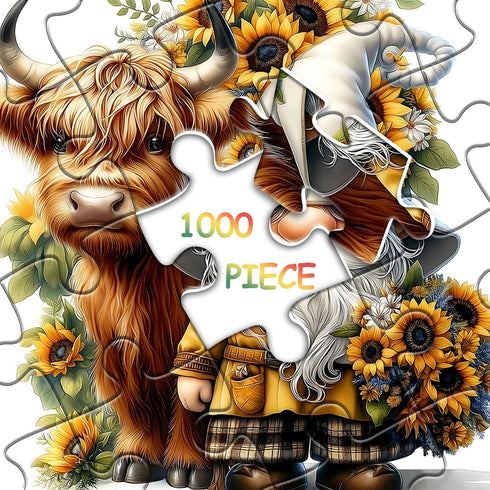 PICKFORU 1000 Highland Cow Gnome Puzzles for Adults Pieces, Nature Sunflower and Cow Puzzles, Animal Plant Floral