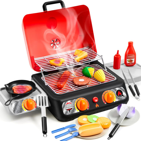 Kids BBQ Grill Playset, Kitchen Toy Set with Pretend Smoke, Light, Sound & Color-Changing Food for Boys & Girls