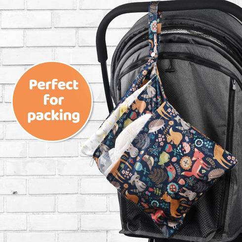 2pcs Waterproof Reusable Cloth Diaper Wet Dry Bags with Two Zippered Pockets for Travel Beach Pool Daycare - Animal