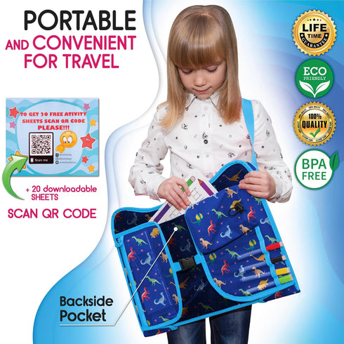 Car Seat Tray for Toddler - Waterproof Kids Travel Table Top - Road Trip Essentials - Lap Desk with Storage (Blue)