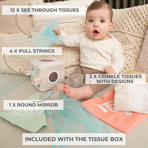 Fun Baby Tissue Box with Mirror, Soft Montessori Toy with Crinkle Paper & Fabric Tissues for Newborns 6-12+ Months