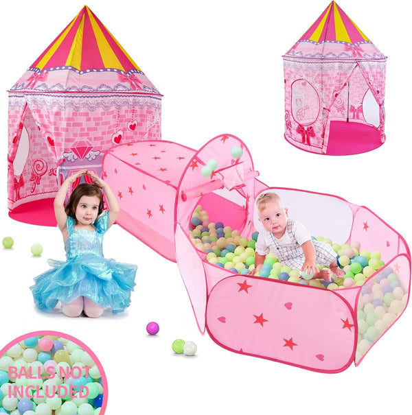 3pc Princess Fairy Tale Kids Play Tent, Cube Crawl Tunnel, Ball Pit for Toddlers Indoor Outdoor Playhouse