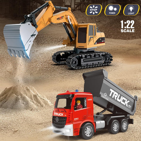 Leopmase Set Set Remote Control Excavator and Dump Truck Toy - RC Excavator and Dump Truck with Lights and Sounds