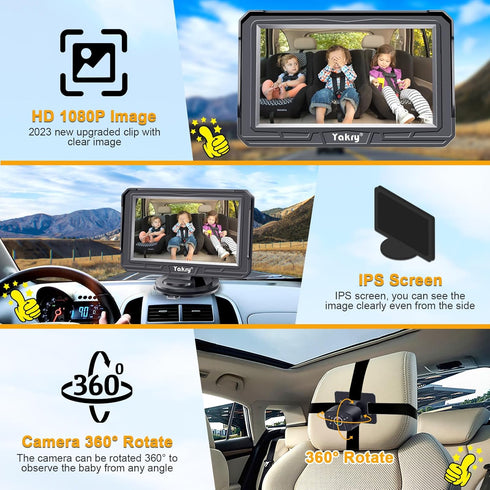 Yakry 1080P, 170 360 Y60 Baby Car Camera for Backseat - HD Wide Angle, Night Vision, Rotation, Safe for Babies, Easy