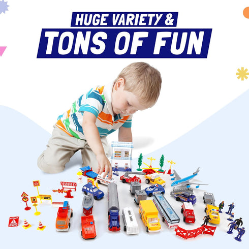57 Commercial Playset PCS Airport with Airplane Toys, Play Vehicles, Fire Trucks, Police Cars & Figures