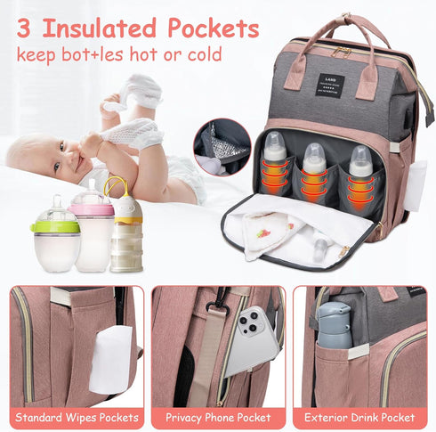 LHDYMXYN Backpack Pack 3 Diaper Bag with Changing Station, Pink Baby Girls Diaper Bag for Mom, Large Travel Baby