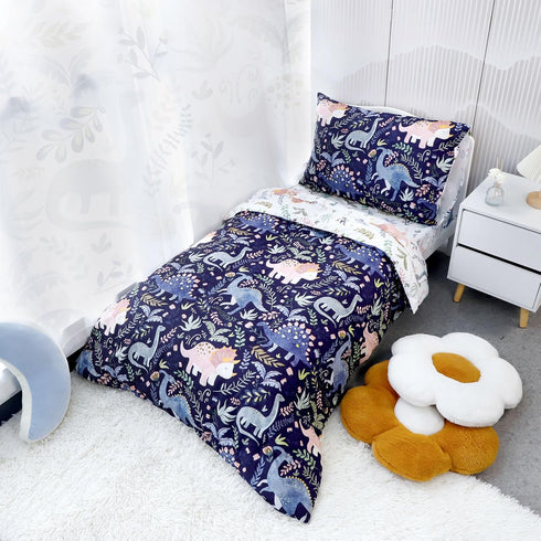 4 Set Set Set Pea Pod Piece Dinosaur Toddler Bedding for Boys, Premium Blue Toddler Comforter Crib Sheets Includes Flat