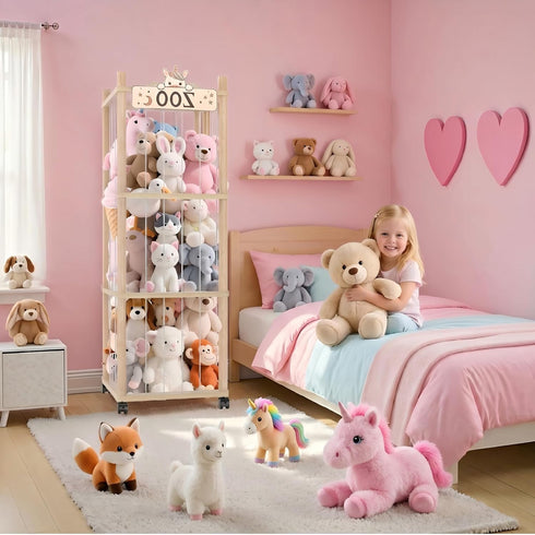 Vecxoty Tower,56In Stuffed Animal Storage Zoo Wooden Large Stuffed Animal Holder Organizer with Wheels,Stuffy Plushies