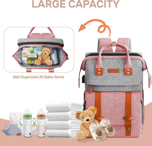 RECALLA Backpack Diaper Bag with Changing Station, Large Diaper Bag, Multifunctional Diaper Bag, Baby Bag, PinkGray