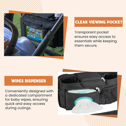 Universal Stroller Organizer with Cup Holder - Baby Caddy Organizer | Stroller Caddy Organizer w/ Anti-Slip Straps