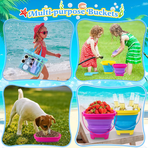 2 Packs Collapsible Beach Buckets for Kids, Foldable Sand Buckets and Shovels with Mesh Beach Bag, Silicone Sand Pails