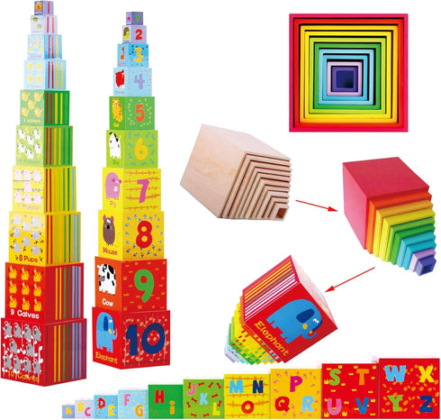TOWO Wooden Stacking Boxes - Nesting and Sorting Cups, Numbers, Alphabet, Animals Blocks for Toddlers, Educational Toys