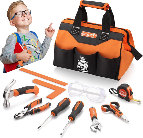 REXBETI 10-Piece Kids Tool Set with Real Hand Tools, Orange Durable Storage