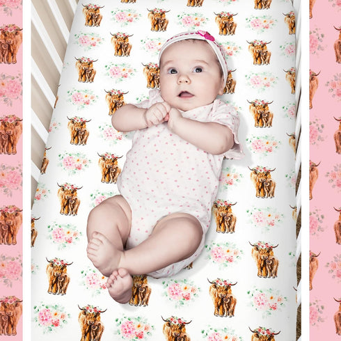 Hahafelt 3 Set Sets Piece Highland Cow Baby Crib Bedding for Baby Girls Pink Floral Nursery Crib Includes Quilt,Fitted
