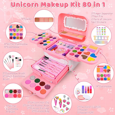 Auney 80 PCS Kids Makeup Kit for Girls 5-8 Years Old, Unicorn Toy for Birthday and Role Play Party