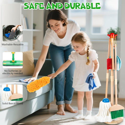 Set Set, 3+ Wooden Kids Cleaning with Spray Mop, Montessori Cleaning Toys Real Water Sprayer and Toddler Broom Mop