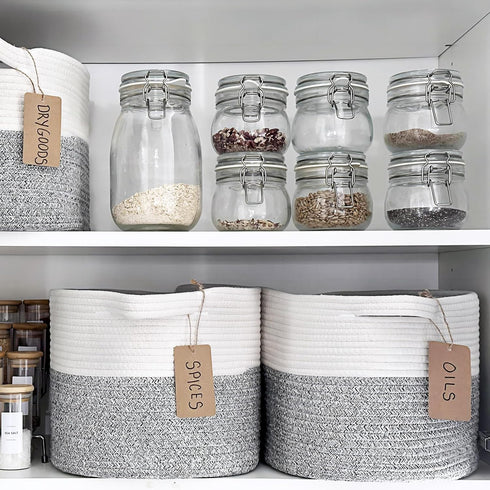 Goodpick Woven Storage Basket for Shelves, Small Laundry Basket with Handles, Grey and White