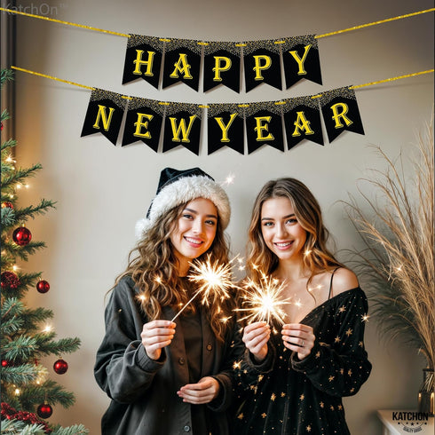 KatchOn Gold and Black Happy New Year Banner - Large 10 Feet Glitter Backdrop for New Years Eve Party Supplies