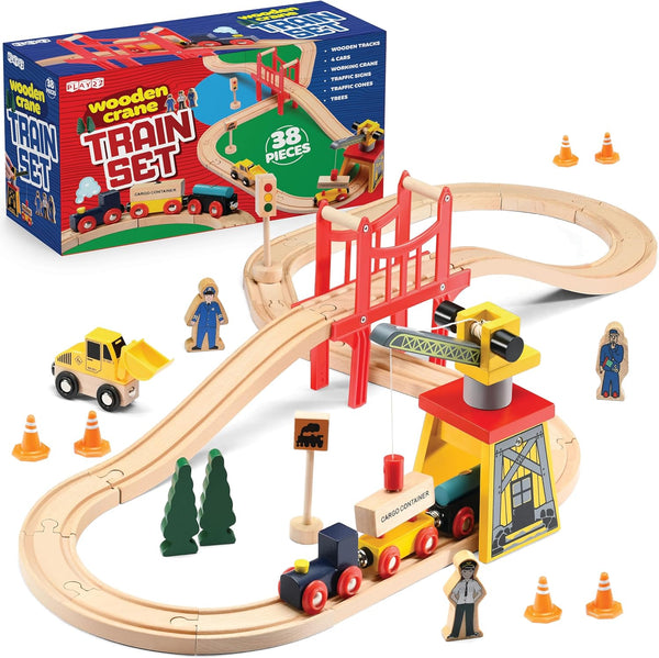 Play22 Wooden Train Set Toddler Toys - 38 Pieces Wood Train Track