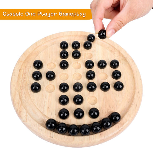 33 Offelec Wooden Solitaire Board Game with Piece Black Glass Marbles Classic One Player Gameplay Strategy Puzzle Board