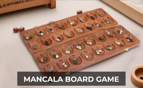 Set Ajuny Wooden Mancala Board Game - Large Folding Board with Multicolor Stones, Ideal for Family Night, Portable