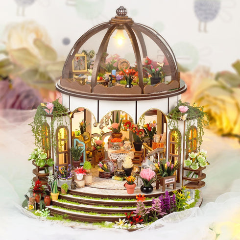 1:24 TuKIIE DIY Miniature Dollhouse Kit with Furniture, Scale Creative Room Mini Greenhouse Wooden Doll House for Kids