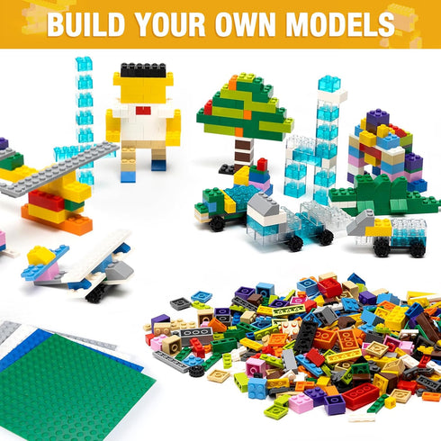 595 Pieces Building Bricks - Building Bulks Blocks with 4 Packs 5" x 5" Stackable Plates, 46PCS Wheel Accessory
