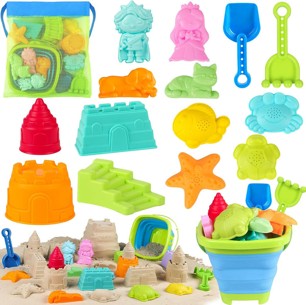 Collapsible Beach Toys for Kids Toddlers, Foldable Sand Bucket and Shovels Set