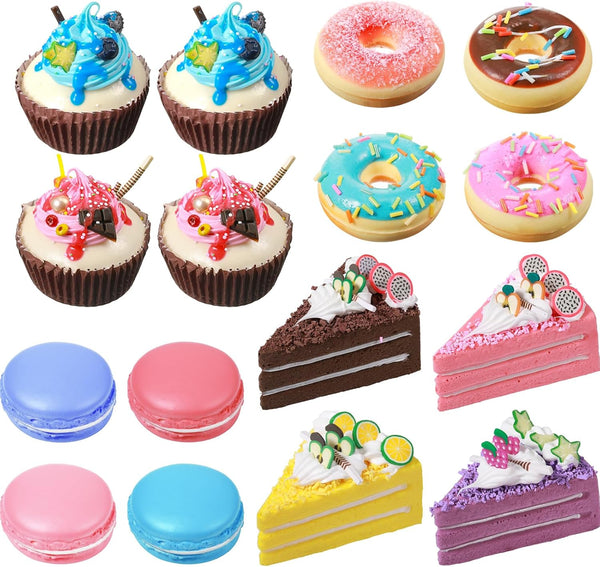 Chivao 16 Pcs Fake Food Realistic Artificial Toy Donuts Cupcake Fake Slice